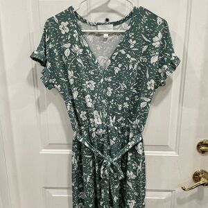 French Grey Teal Floral Midi Dress